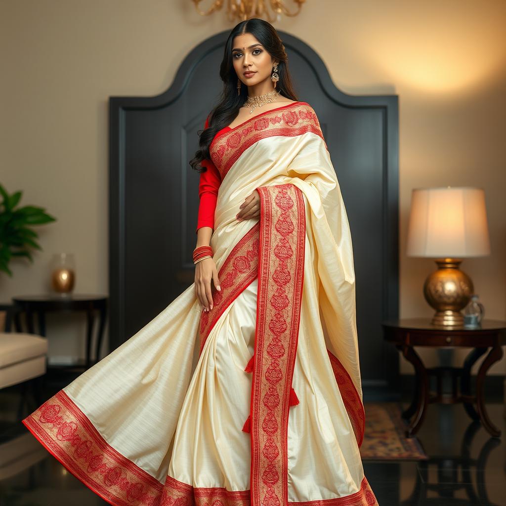 An alluring scene showcasing an Indonesian woman draped in an elegant cream and red Mekhela Chadar with a red blouse and high heels, situated in a sophisticated OYO room