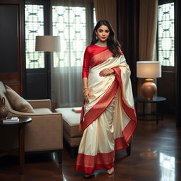 An alluring scene showcasing an Indonesian woman draped in an elegant cream and red Mekhela Chadar with a red blouse and high heels, situated in a sophisticated OYO room