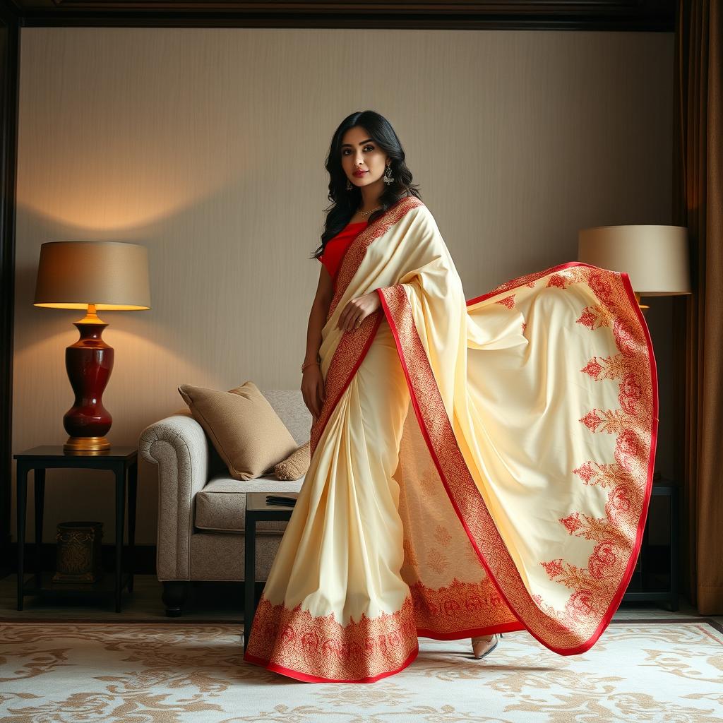 An alluring scene showcasing an Indonesian woman draped in an elegant cream and red Mekhela Chadar with a red blouse and high heels, situated in a sophisticated OYO room