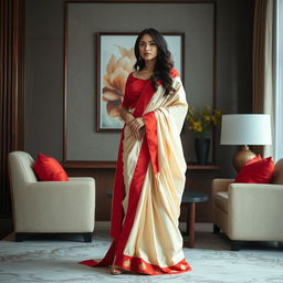 An alluring scene showcasing an Indonesian woman draped in an elegant cream and red Mekhela Chadar with a red blouse and high heels, situated in a sophisticated OYO room