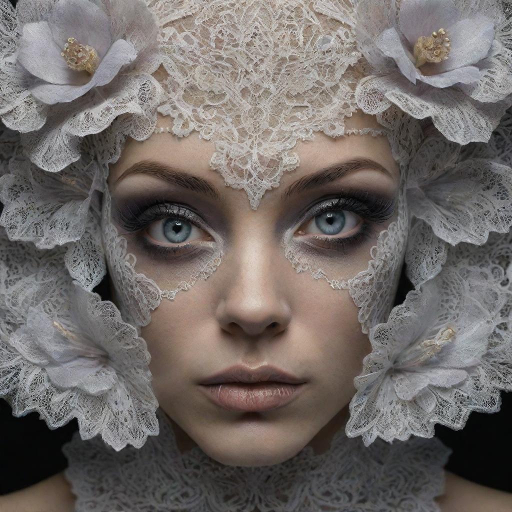 Create a hyper-realistic, 3D rendered, cinematic image of a detailed face with symmetric, circular iris, tattoos and piercings, incorporating elements of lace and satin. Inspiration from gritty, dark style of James Nachtwey and artistic style of Klimt and Erte in high-definition 64K.