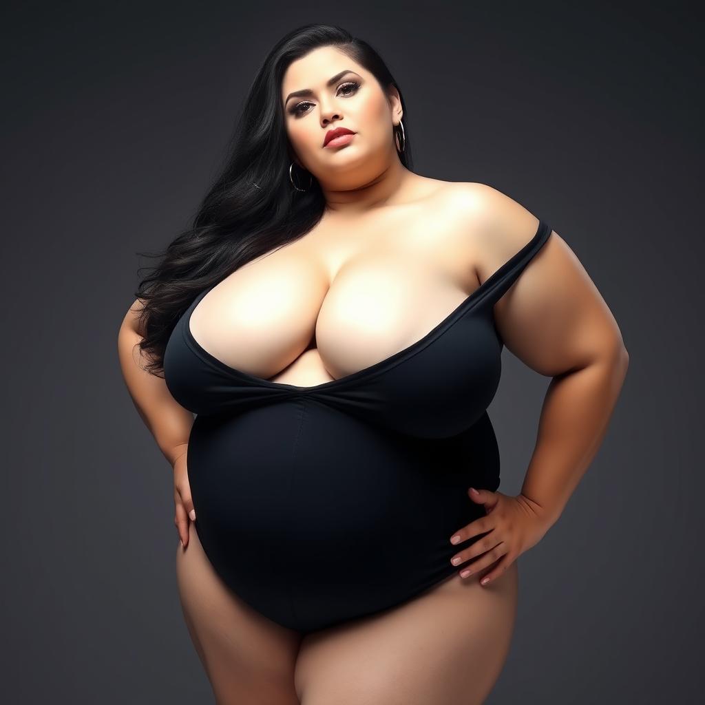 A voluptuous and sexy BBW woman with a large bust, white skin, embracing her natural beauty with confidence