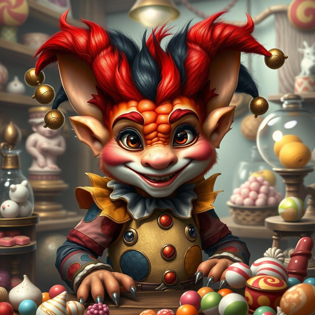 A realistic depiction of a charismatic kobold with a whimsical clown personality