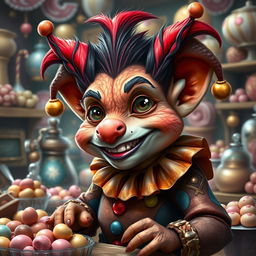 A realistic depiction of a charismatic kobold with a whimsical clown personality