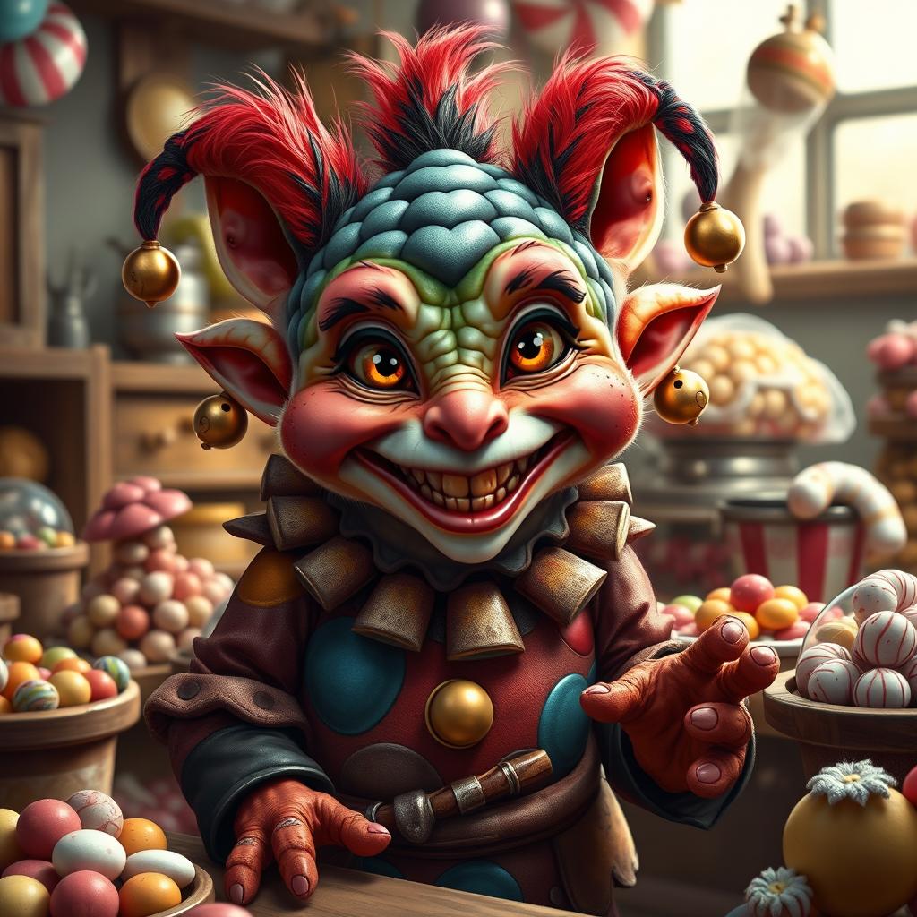 A realistic depiction of a charismatic kobold with a whimsical clown personality