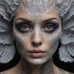 Create a hyper-realistic, 3D rendered, cinematic image of a detailed face with symmetric, circular iris, tattoos and piercings, incorporating elements of lace and satin. Inspiration from gritty, dark style of James Nachtwey and artistic style of Klimt and Erte in high-definition 64K.