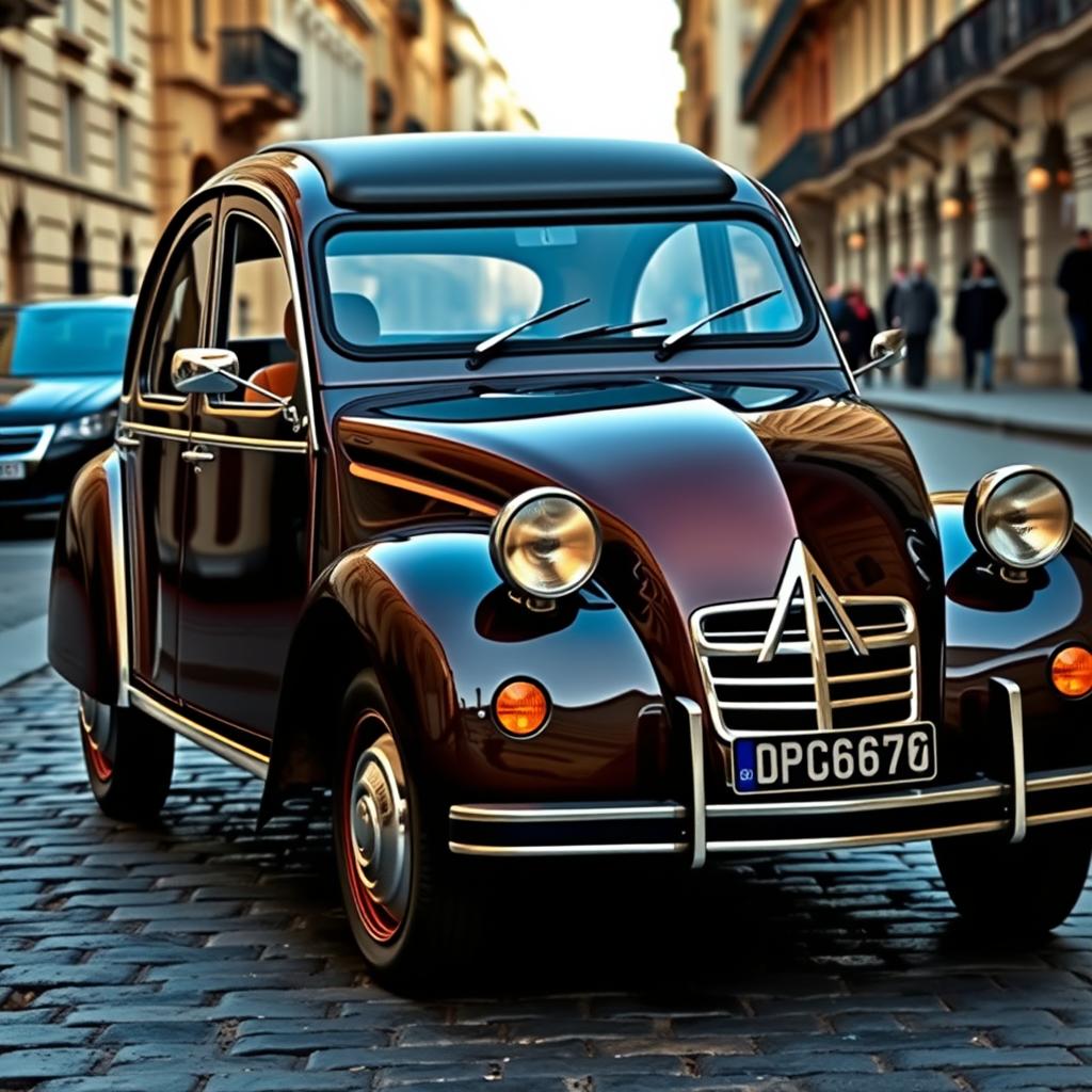 A highly luxurious version of the classic Citroën 2CV, showcasing an opulent and refined design with polished chrome details, fine leather interior, and a rich deep metallic paint job