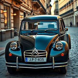 A highly luxurious version of the classic Citroën 2CV, showcasing an opulent and refined design with polished chrome details, fine leather interior, and a rich deep metallic paint job