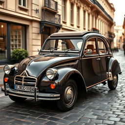 A highly luxurious version of the classic Citroën 2CV, showcasing an opulent and refined design with polished chrome details, fine leather interior, and a rich deep metallic paint job