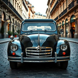 A highly luxurious version of the classic Citroën 2CV, showcasing an opulent and refined design with polished chrome details, fine leather interior, and a rich deep metallic paint job