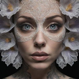 Create a hyper-realistic, 3D rendered, cinematic image of a detailed face with symmetric, circular iris, tattoos and piercings, incorporating elements of lace and satin. Inspiration from gritty, dark style of James Nachtwey and artistic style of Klimt and Erte in high-definition 64K.