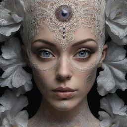 Create a hyper-realistic, 3D rendered, cinematic image of a detailed face with symmetric, circular iris, tattoos and piercings, incorporating elements of lace and satin. Inspiration from gritty, dark style of James Nachtwey and artistic style of Klimt and Erte in high-definition 64K.