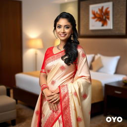 A confident Indonesian woman in an elegant cream and red Mekhela Chadar with a red blouse