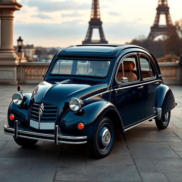 A luxurious interpretation of a classic Citroën 2CV, transformed into an elegant vehicle with plush leather interiors, gleaming chrome details, and a sophisticated design