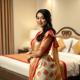 A confident Indonesian woman in an elegant cream and red Mekhela Chadar with a red blouse