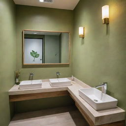 A matcha-themed restaurant bathroom elegantly decorated, featuring natural stone sinks, green accents, and capybaras illustrated on the wall as playful art.