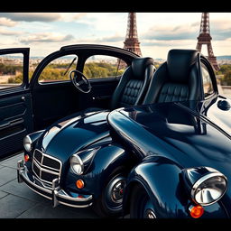 A luxurious interpretation of a classic Citroën 2CV, transformed into an elegant vehicle with plush leather interiors, gleaming chrome details, and a sophisticated design