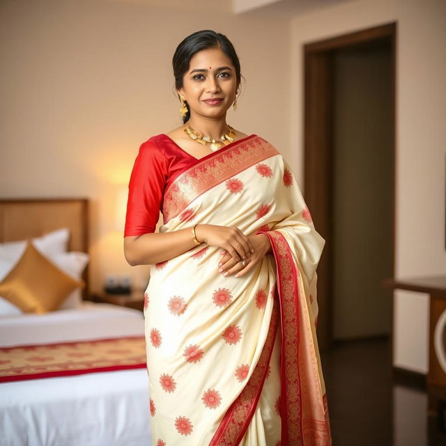 A confident Indonesian woman in an elegant cream and red Mekhela Chadar with a red blouse