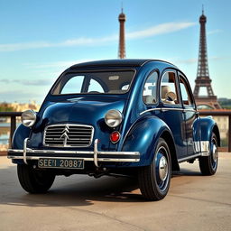 A luxurious interpretation of a classic Citroën 2CV, transformed into an elegant vehicle with plush leather interiors, gleaming chrome details, and a sophisticated design