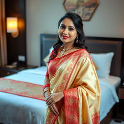 A confident Indonesian woman in an elegant cream and red Mekhela Chadar with a red blouse