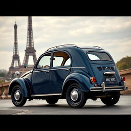 A luxurious interpretation of a classic Citroën 2CV, transformed into an elegant vehicle with plush leather interiors, gleaming chrome details, and a sophisticated design