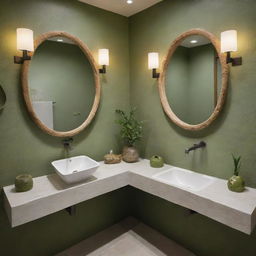 A matcha-themed restaurant bathroom elegantly decorated, featuring natural stone sinks, green accents, and capybaras illustrated on the wall as playful art.