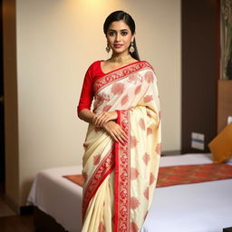 A confident Indonesian woman wearing an elegant cream and red Mekhela Chadar with a red blouse