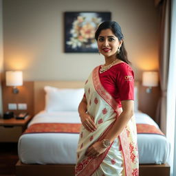 A confident Indonesian woman wearing an elegant cream and red Mekhela Chadar with a red blouse