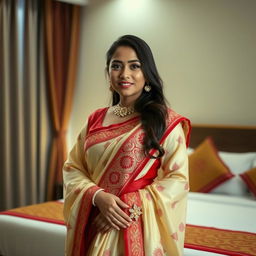 A confident Indonesian woman wearing an elegant cream and red Mekhela Chadar with a red blouse