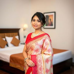 A confident Indonesian woman wearing an elegant cream and red Mekhela Chadar with a red blouse