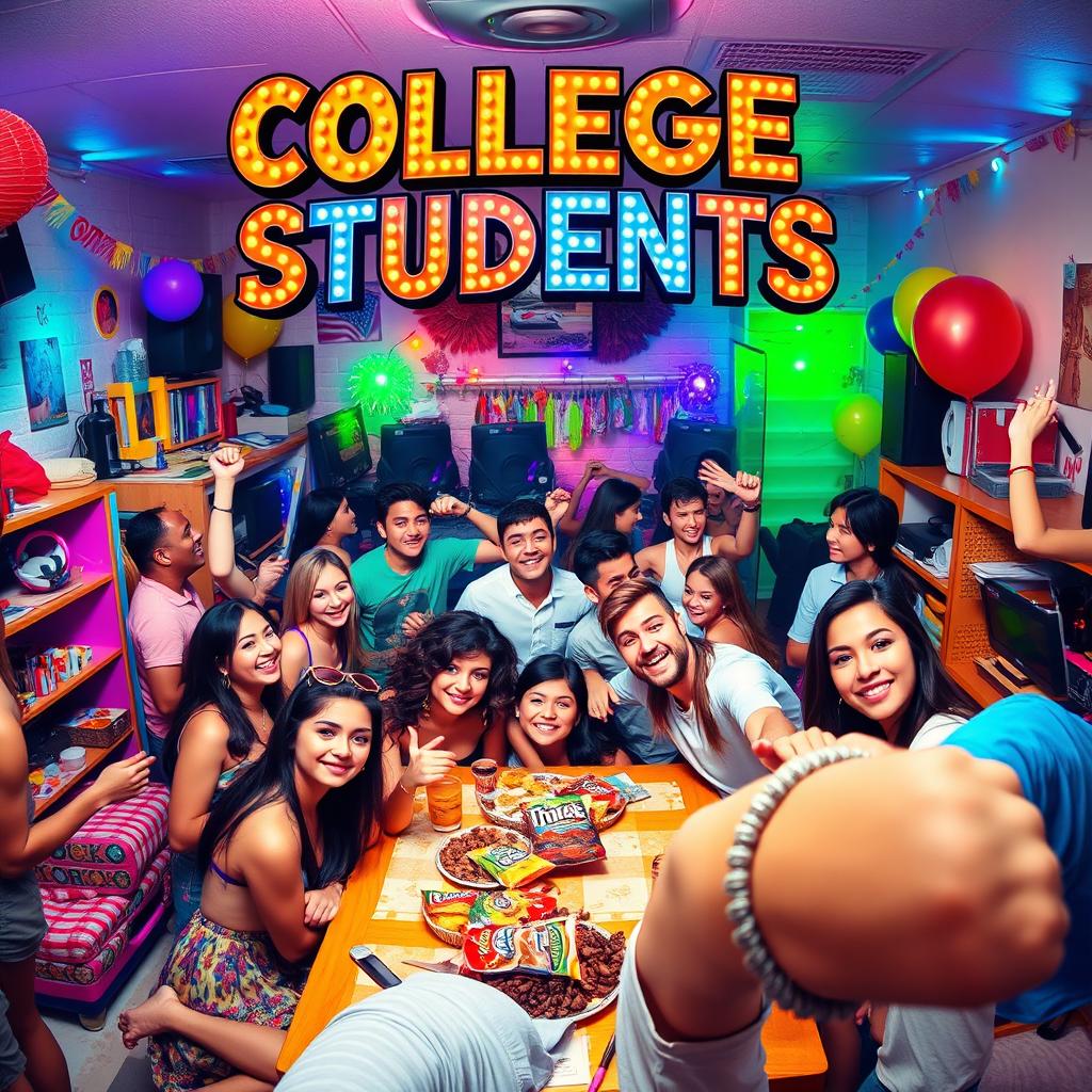 A lively and energetic movie poster for a TV show titled 'College Students,' focusing on the party lifestyle of college life