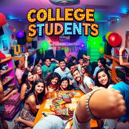 A lively and energetic movie poster for a TV show titled 'College Students,' focusing on the party lifestyle of college life