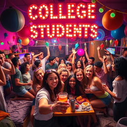 A lively and energetic movie poster for a TV show titled 'College Students,' focusing on the party lifestyle of college life