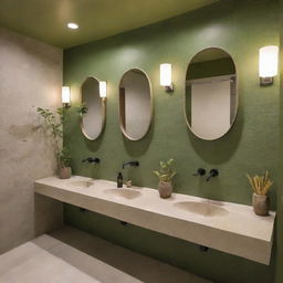 A matcha-themed restaurant bathroom elegantly decorated, featuring natural stone sinks, green accents, and capybaras illustrated on the wall as playful art.