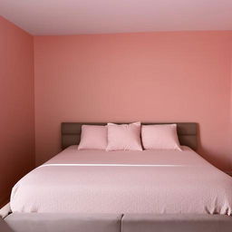 A bedroom featuring a large bed with prominent back support. The back wall is painted a soft pinkish-brown color.