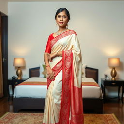 A confident Indonesian woman in an elegant cream and red Mekhela Chadar with a red blouse