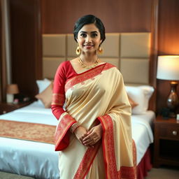 A confident Indonesian woman in an elegant cream and red Mekhela Chadar with a red blouse