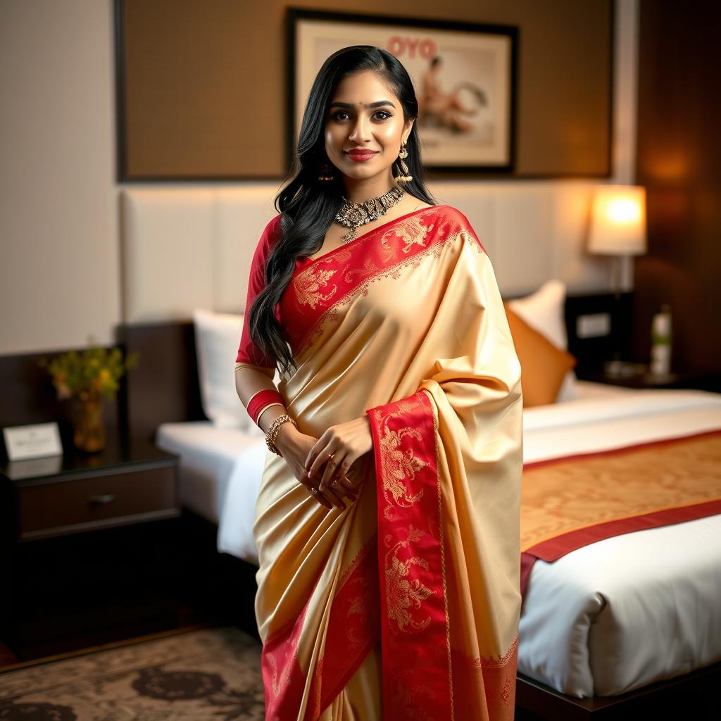 A confident Indonesian woman in an elegant cream and red Mekhela Chadar with a red blouse