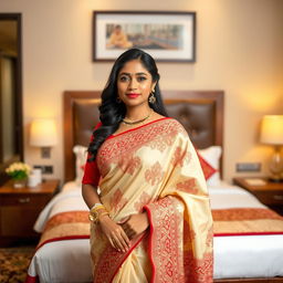 A confident Indonesian woman in an elegant cream and red Mekhela Chadar with a red blouse