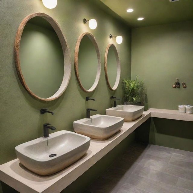 A matcha-themed restaurant bathroom elegantly decorated, featuring natural stone sinks, green accents, and capybaras illustrated on the wall as playful art.