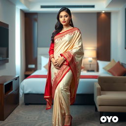 A beautiful Indonesian woman wearing an elegant cream and red Mekhela Chadar with a red blouse, complemented by high heels