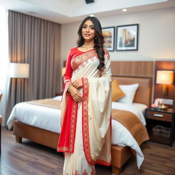 A beautiful Indonesian woman wearing an elegant cream and red Mekhela Chadar with a red blouse, complemented by high heels