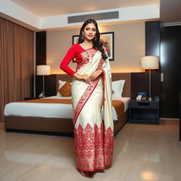 A beautiful Indonesian woman wearing an elegant cream and red Mekhela Chadar with a red blouse, complemented by high heels