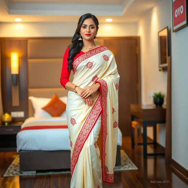 A beautiful Indonesian woman wearing an elegant cream and red Mekhela Chadar with a red blouse, complemented by high heels