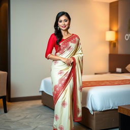 A confident Thai woman wearing an elegant cream and red Mekhela Chadar with a red blouse, accented by high heels