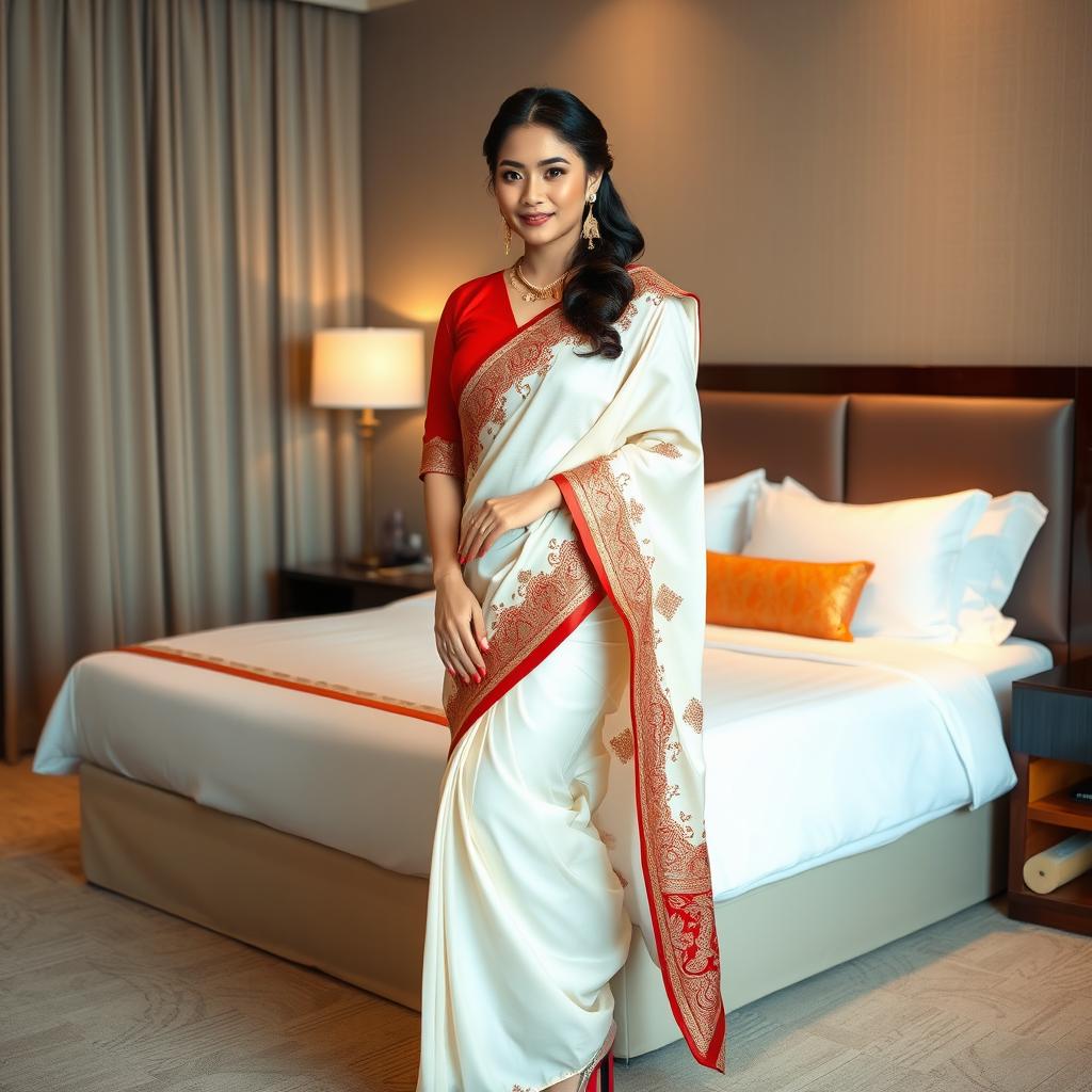 A confident Thai woman wearing an elegant cream and red Mekhela Chadar with a red blouse, accented by high heels