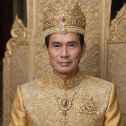 A Royal Thai king of middle age, adorned in golden royal attire with intricately designed jewelry and traditional Thai headdress, with a dignified and noble expression on his face.