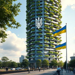 A realistic depiction of a bionic-shaped skyscraper with balconies featuring lush green trees