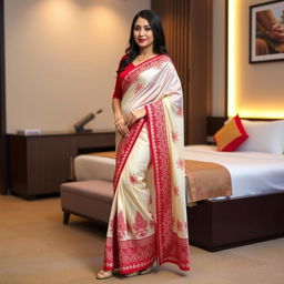 A confident Thai woman wearing an elegant cream and red Mekhela Chadar with a red blouse, accented by high heels