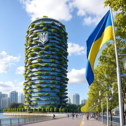 A realistic depiction of a bionic-shaped skyscraper with balconies featuring lush green trees